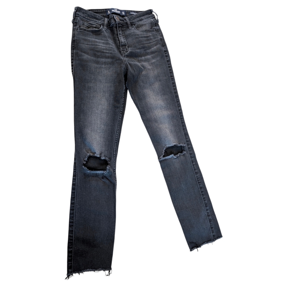 Hollister High Rise Crop Super Skinny Classic Stretch Black Ripped Jeans Size 0 - Picture 2 of 6